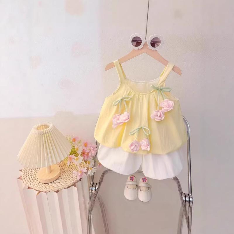 Girls Summer Floral Sleeveless Vest And Bud Shorts Casual Two Piece Set