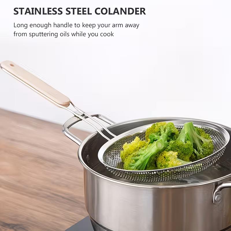 Escumadeira de Malha Fina em Aço Inoxidável com Cabo de Madeira Coador de Cozinha para Fritar Óleo de Cozinha Filtragem de Massa Macarrão