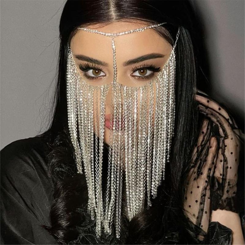 Long Tassels Face Mask Shimmering Rhinestone Mask with Adjustable Chain Crystal Fringes Mask Stylish Jewelry Accessory