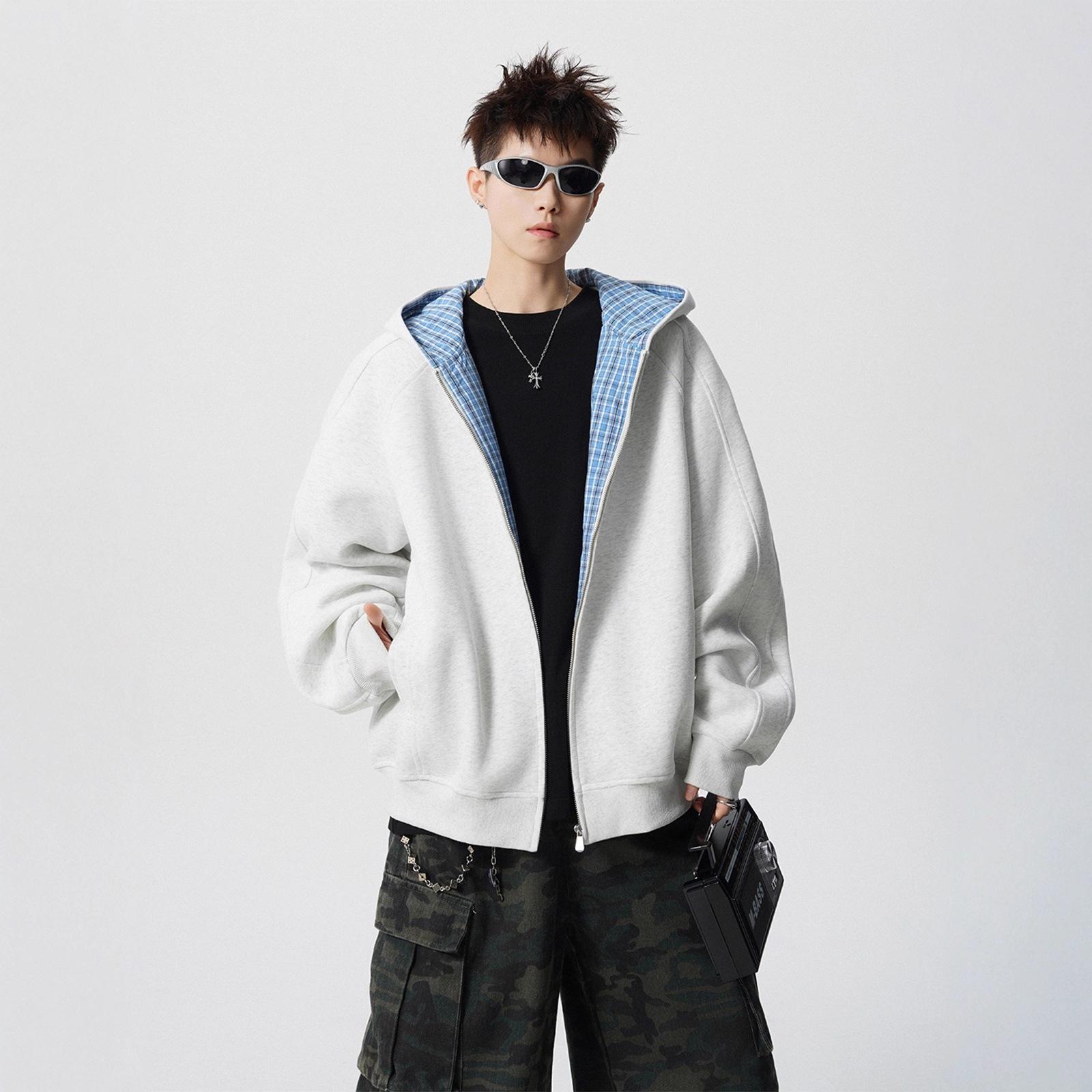 

Splicing Plaid Sweater Mens Autumn High Street Hoodie Leisure Couple Jacket M серый