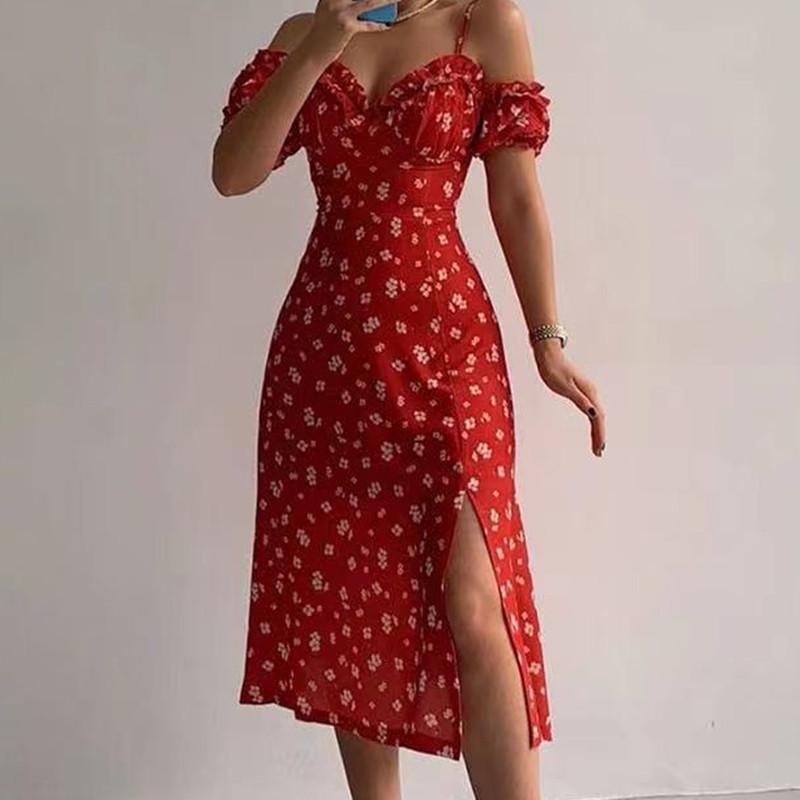 Women's Floral French Midi Dress: Sexy Slim Fit with Adjustable Straps, Available in 5 Colors and Sizes.