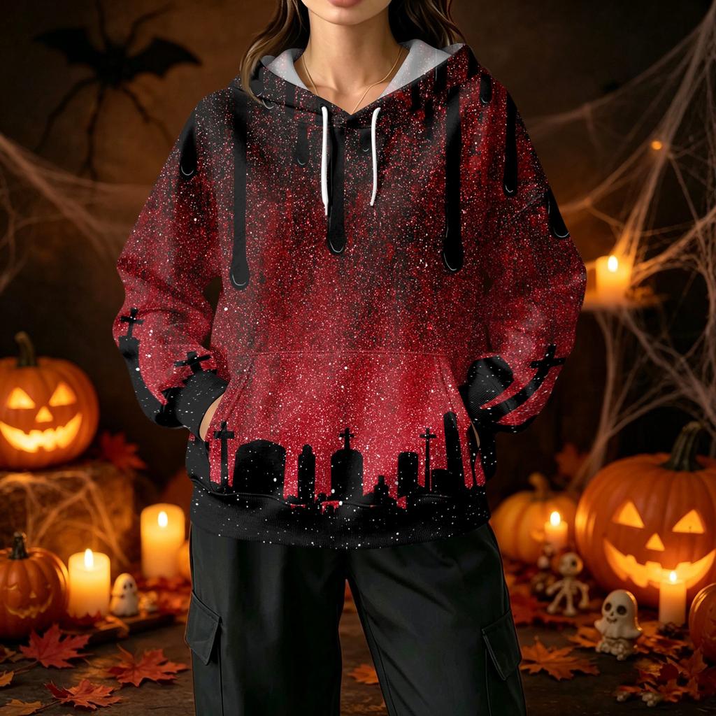 Damen Halloween Print Pullover Hoodie mit und Taschen Lässiges Langarm Top