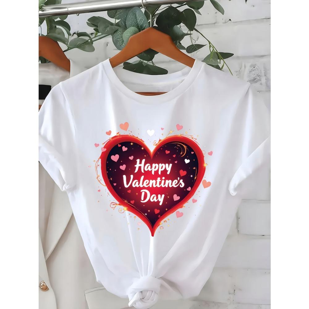 

Women s Short Sleeve T-Shirt Valentine s Day Graphic Print with Heart Sparkling Stars Happy Valentine s Day Aesthetic Clothes XL