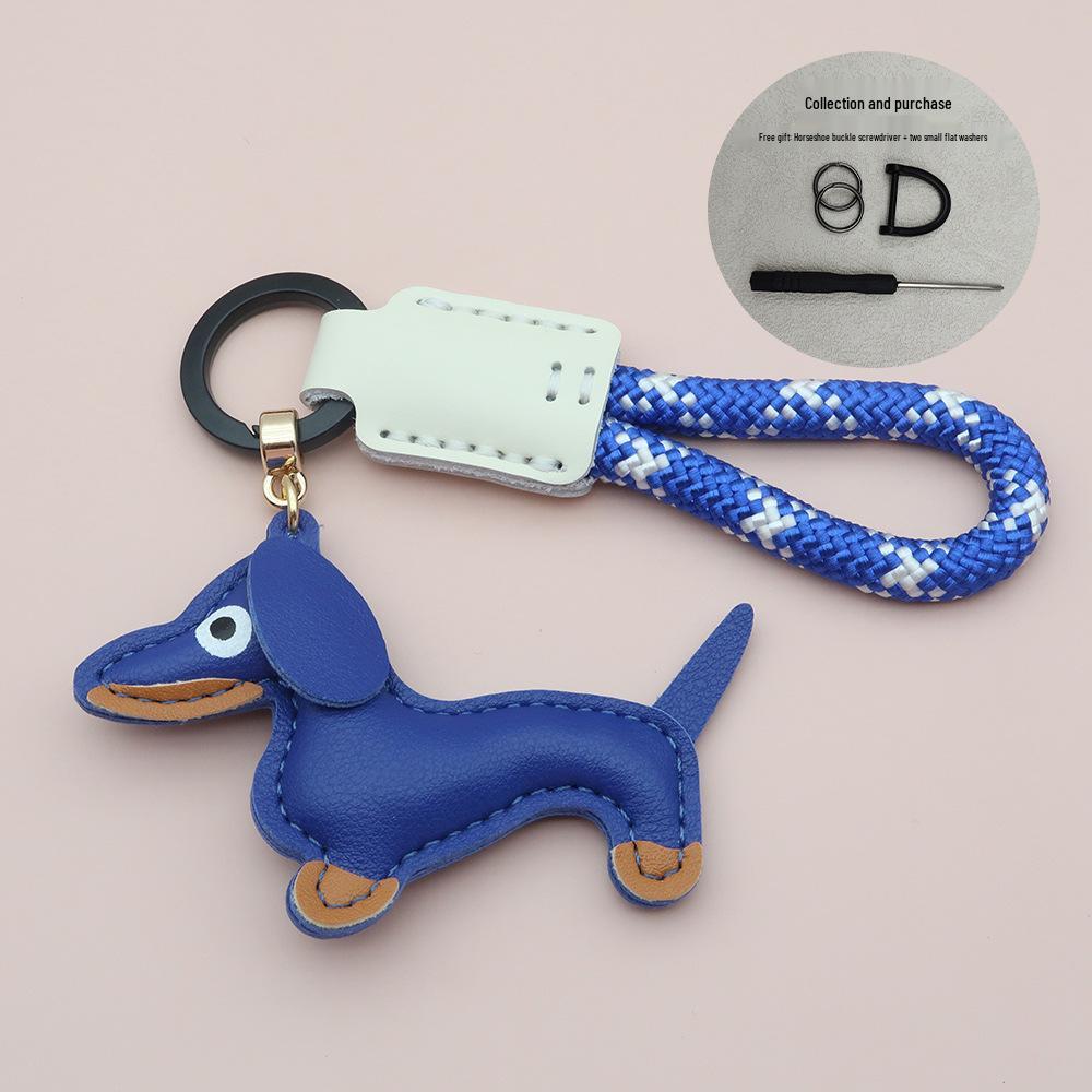 Mini Dachshund Cowhide Keychain: High-Quality Anti-Lost Lanyard with Cute Doll Pendant