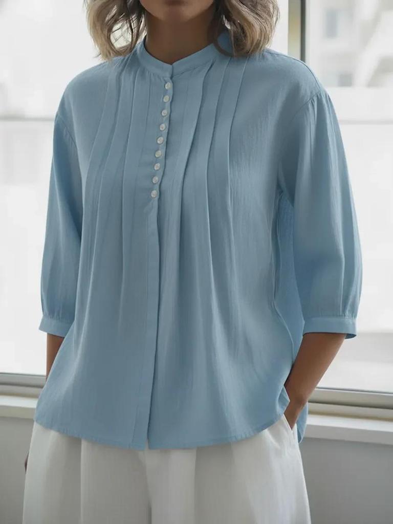 2026 Spring/Summer Women's Pure Cotton Pleated Button-Up Shirt - Solid Color, European & American Style