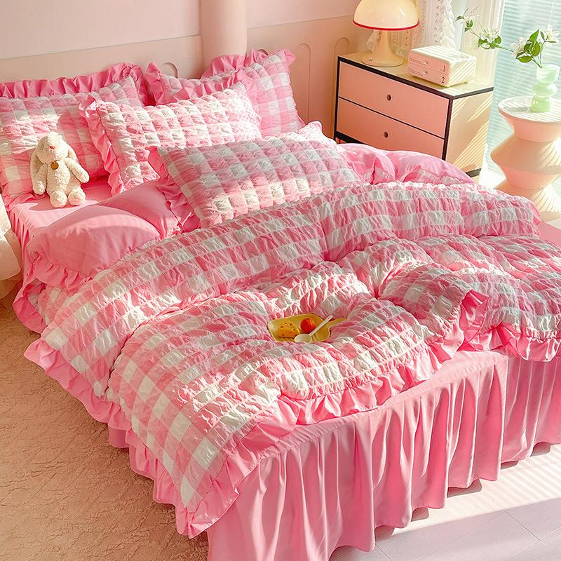 Washed Cotton Plaid Seersucker Bed Four-piece Set, Bed Sheet, Bed Skirt, Quilt Cover, Dormitory Bedding Three-piece Set