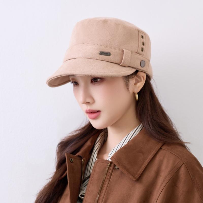 New Autumn and Winter Retro Suede Flat-top Military Hat for Women Showing a Small Face and Versatile Temperament Warm Cap