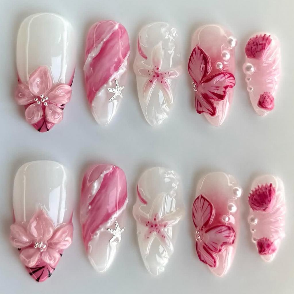 24 st. rosa leopardmönster franska lösnaglar med 3D-blommor och pärlor, press-on-naglar, heltäckande, söta mandel-lösnaglar, bärbara