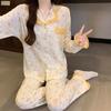 Wind cartoon printed pajamas women's spring and autumn imitation cotton sweet lace long-sleeved trousers loungewear set