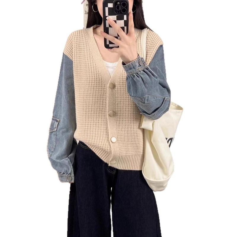 Splicing Denim Knitted Cardigan 2025 Autumn and Winter New Korean Version Loose Casual Versatile V-neck Sweater Jacket Women