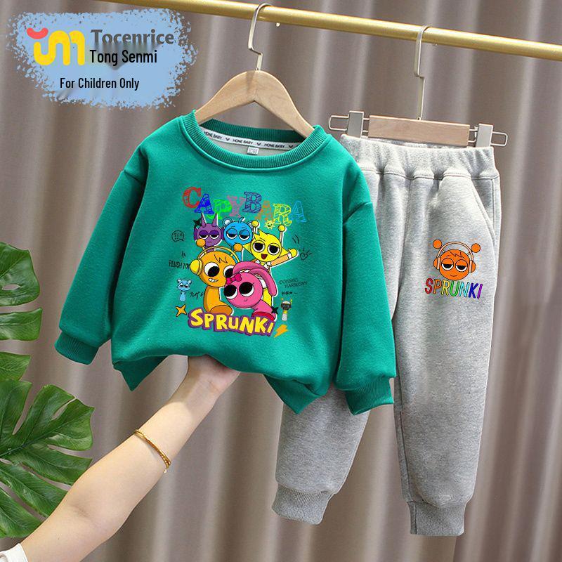 Sprunki Rhythm Box Kids' Plus Velvet Hoodie Set, Unisex, Warm Two-Piece for Autumn/Winter
