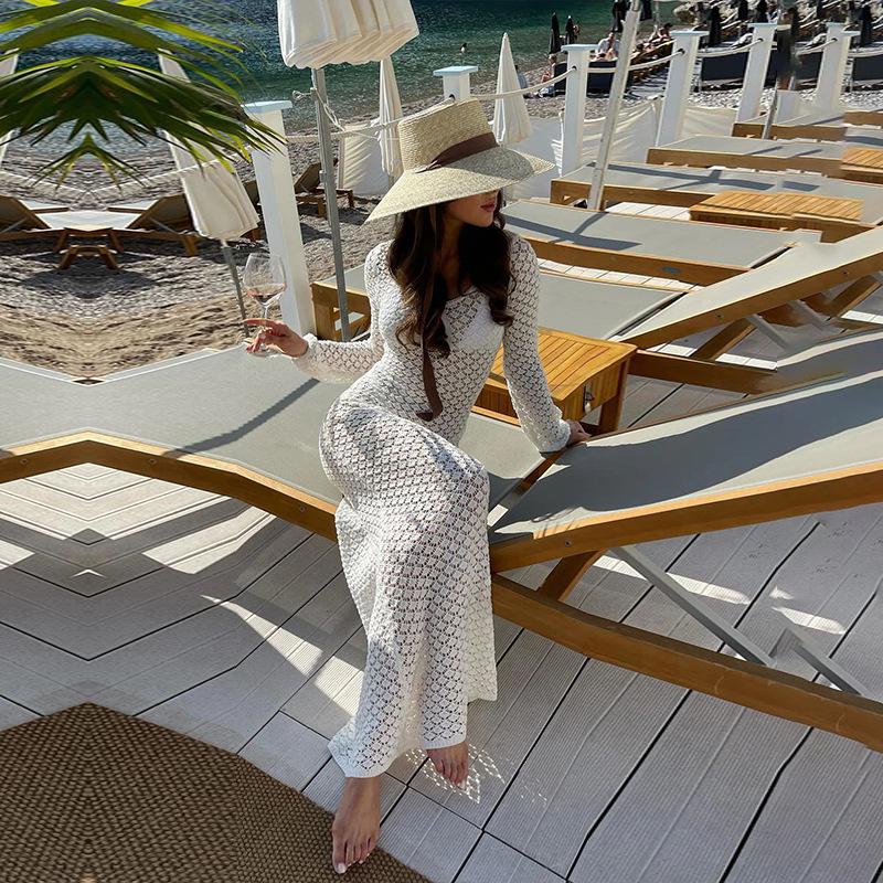 Elegant Knit Hooded Beach Cover-up: Long Sleeve Dress & Cardigan
