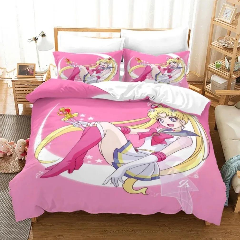 Set de lenjerie de pat Anime S-Sailor & M-Moon, Husă de plapumă, Plapumă, Set de pat, Husă de pilotă, Față de pernă, Mărime King, Queen, Twin, Băieți, Fete, Adulți