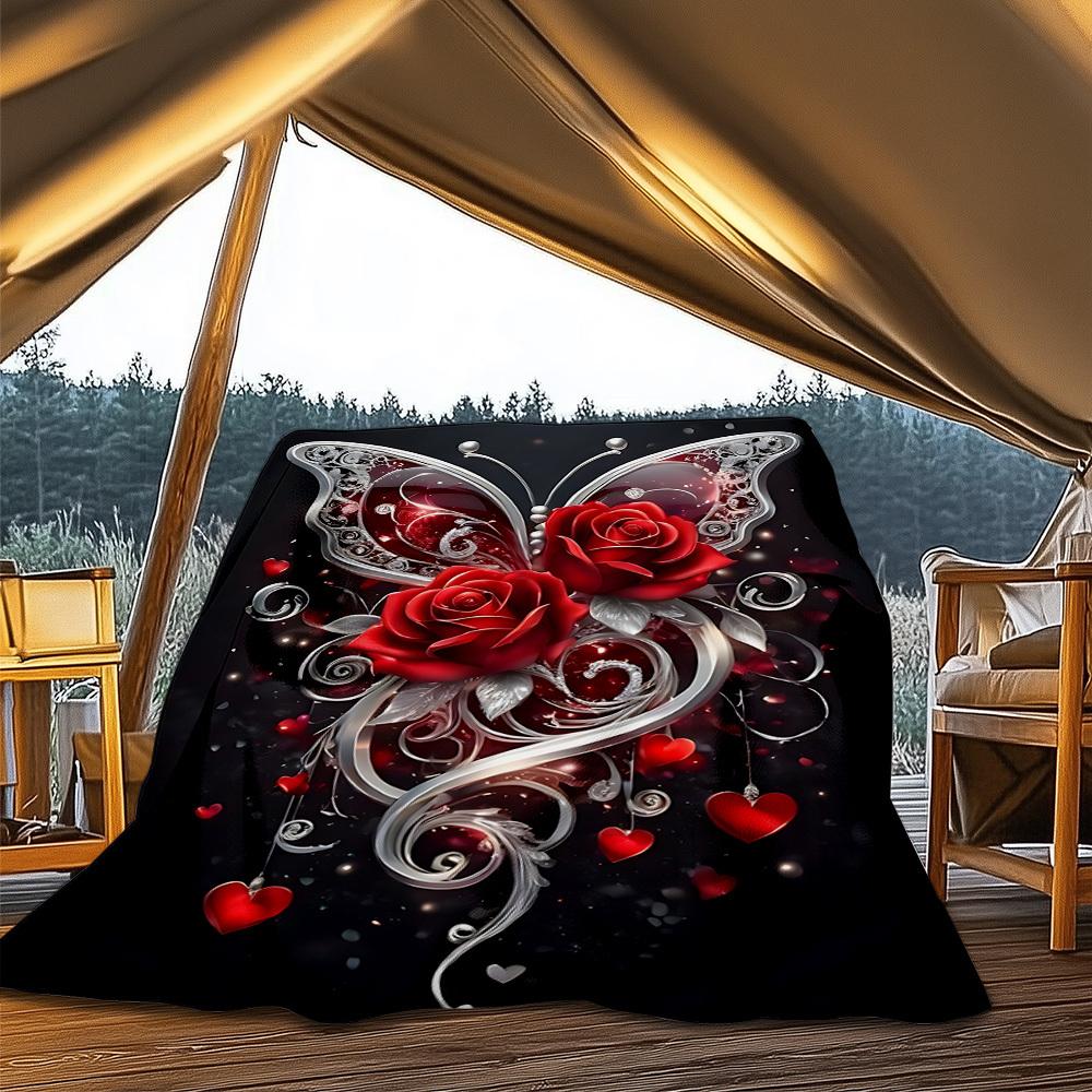 1 Stück Schmetterling Rosen Herz Outdoor Flanelldecke Weiche Ganzjahres Polyesterdecke, Perfekt für Picknicks & Reisen, Picknickzubehör