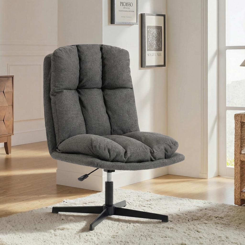 Swivel Accent Chair, Armless Reading Chair In Linen-Look Fabric with Wide Seat and Metal Legs, Dark Grey