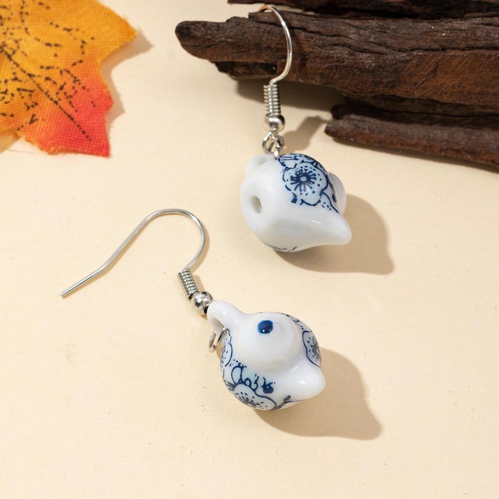 Hand-Painted Retro Chinese Ceramic Teapot Earrings