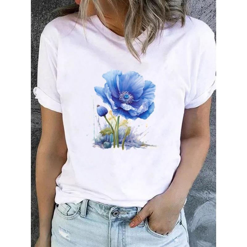 Cute Floral Print T-shirt Ladies Fashion Short-sleeved Clothing Casual Loose Top