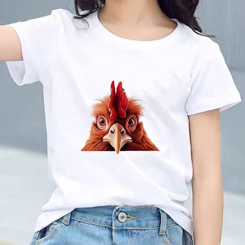 Kids Cotton T Shirt Cute Peeking Chicken Print Crew Neck Short Sleeve Tee Casual Breathable Boys Girls Summer Tops
