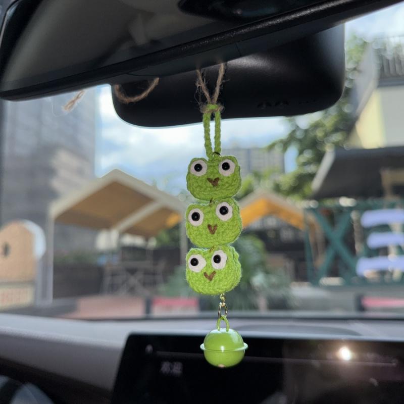 1pcCute Frog Car Hanging Decoration Handwoven3Green Frog Bell Bag Pendant Car Rearview Mirror Hanging Ornament