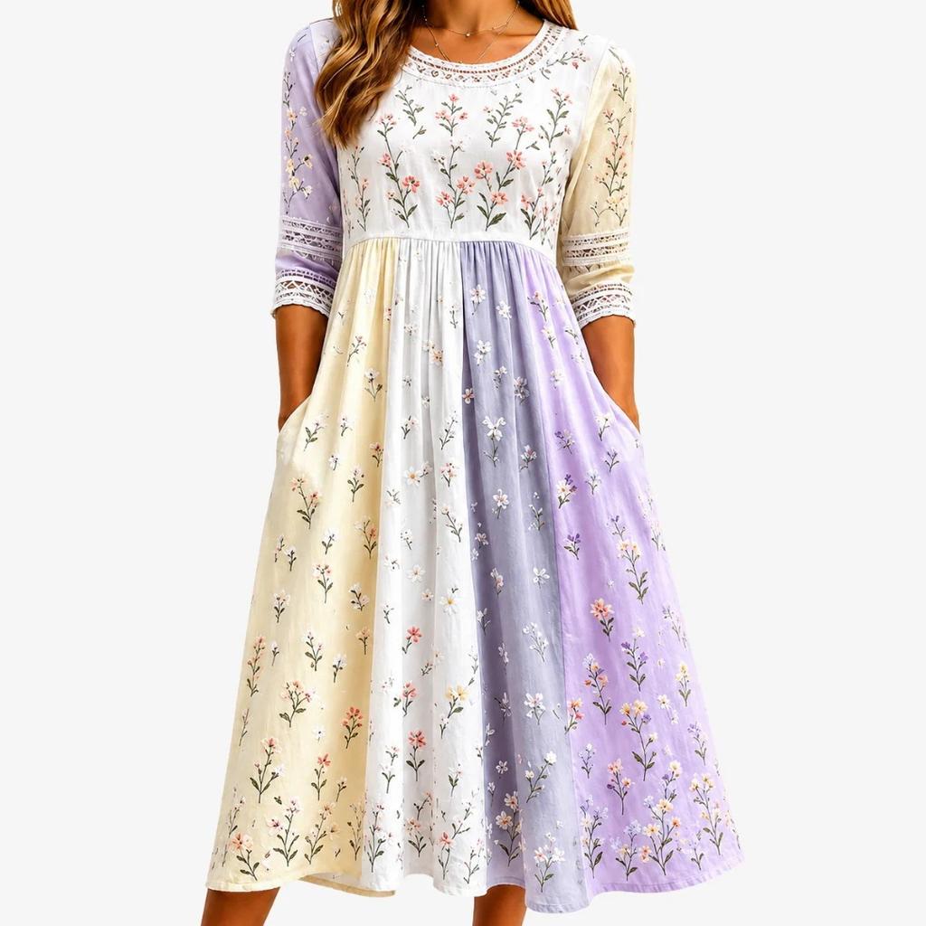 Spring and Summer 2026 New Round Neck 7-point Sleeve Casual Loose Long Printed Dress - Bamboo Hemp