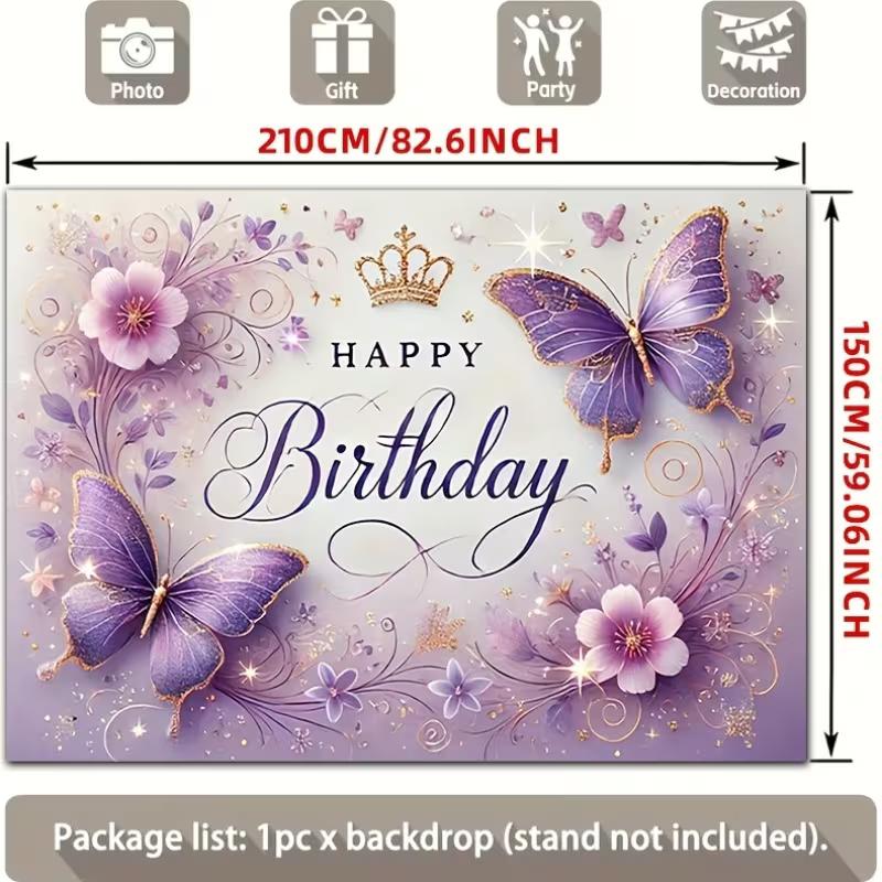 2D Elegant Purple Gold Butterfly Birthday Background Cloth, Floral Wall Art