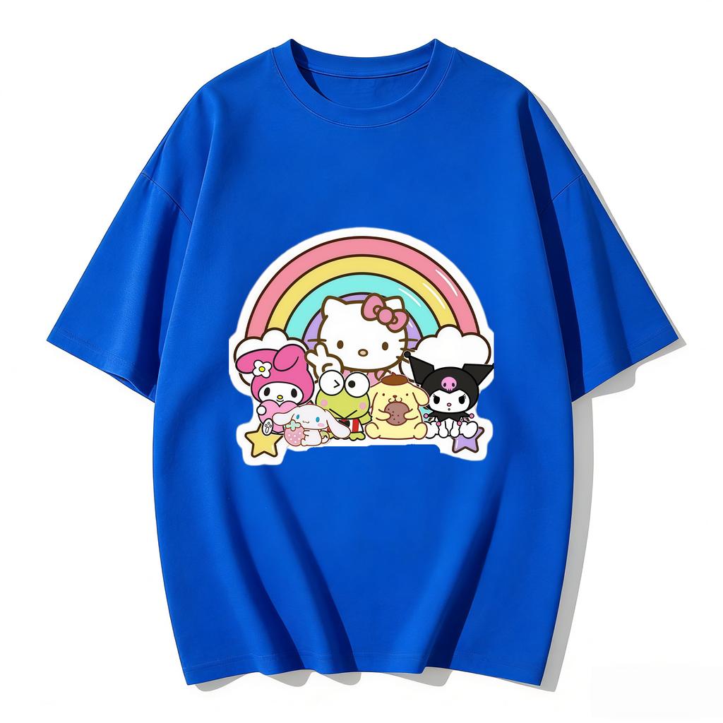 2026 New Sanrio Characters Rainbow Cartoon Print Tshirt Family Matching Outfits Casual Short Sleeve Tee for Women Unisex Kids Tops