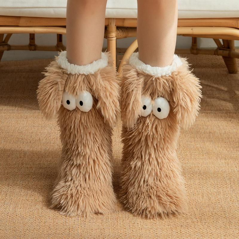 Hot Women's Winter Kawaii Big Eyes Slipper Socks with Puppy Ears Cartoon Non-slip Floor Socks Warm Thickened Coral Stockings