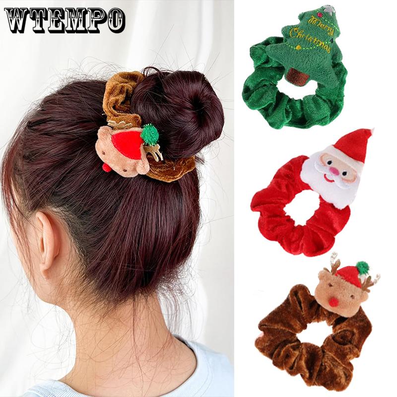 WTEMPO Women Girls Elastic Christmas Hair Ties with Christmas Series Pattern Design Soft Red Green Brown Hair Bands Xmas Ponytail Holders