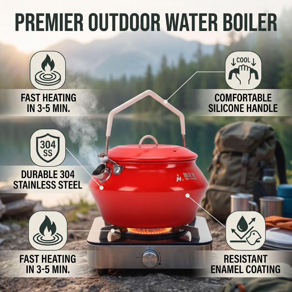 Camping Kettle 304 Stainless Steel Outdoor Coffee Tea Pot with Thick Silicone Handle Red Enamel Coating Fast Heating Portable Water Boiler for Hiking