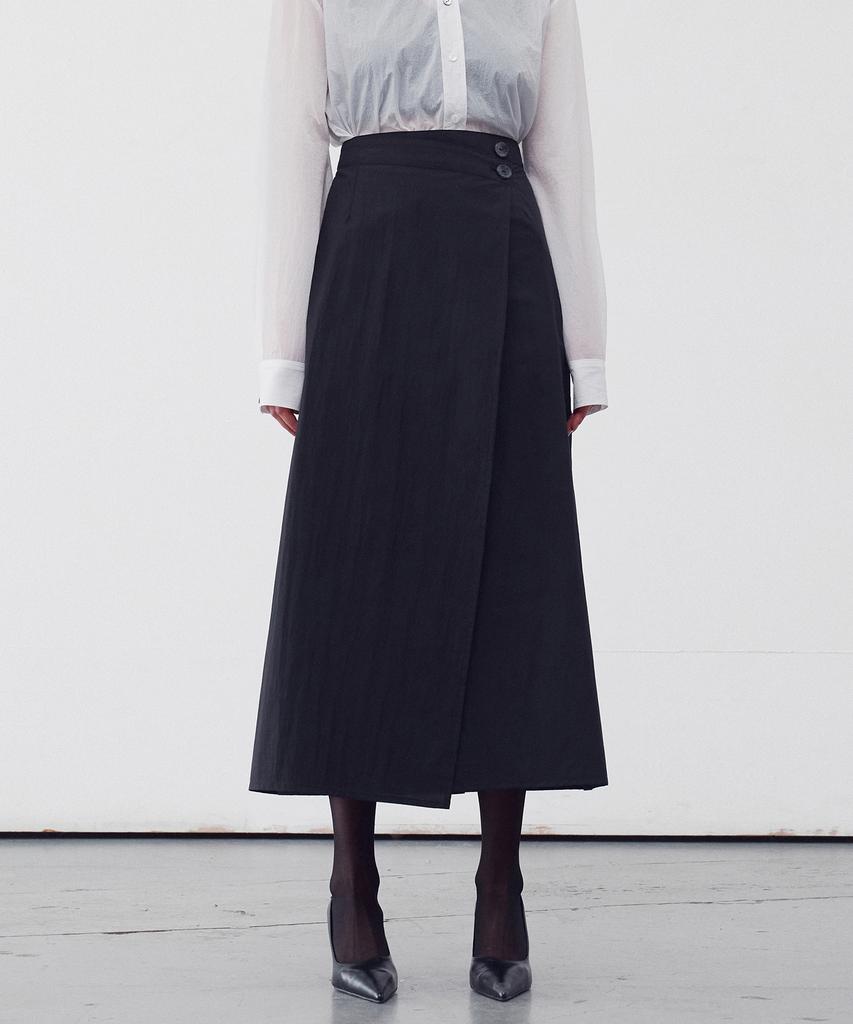 Rie Asymmetrical Wrap Midi Skirt Black