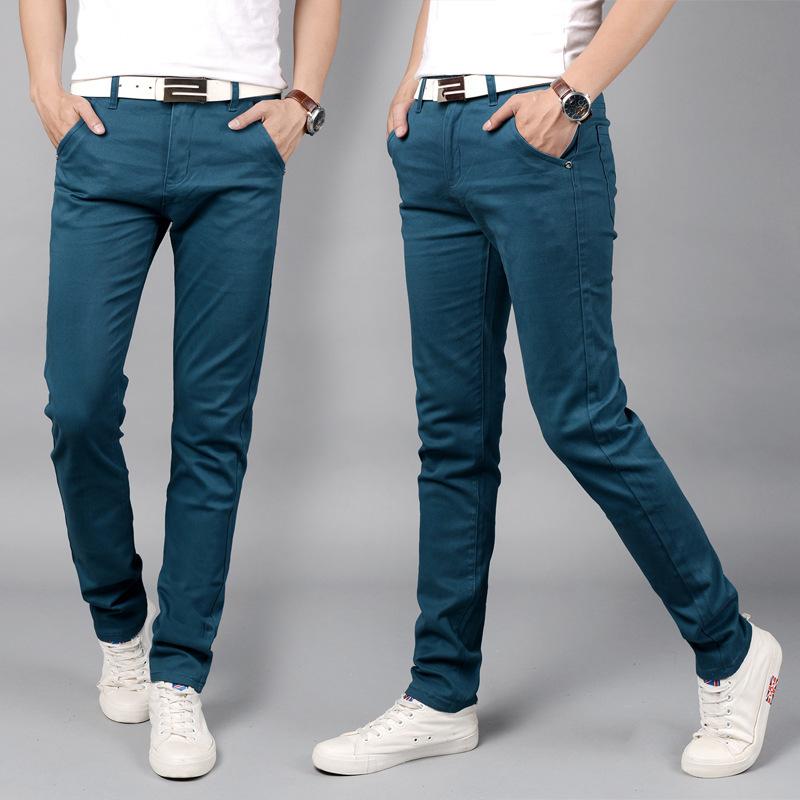 

9 цветов 2024 Чистый хлопок эластичные повседневные брюки мужские облегающие универсальные эластичные прямые длинные брюки 33 павлин голубой