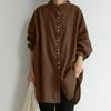 Women's Stand Collar Long Sleeve Shirt Oversize Button Front Tunic Blouse with Side Slit