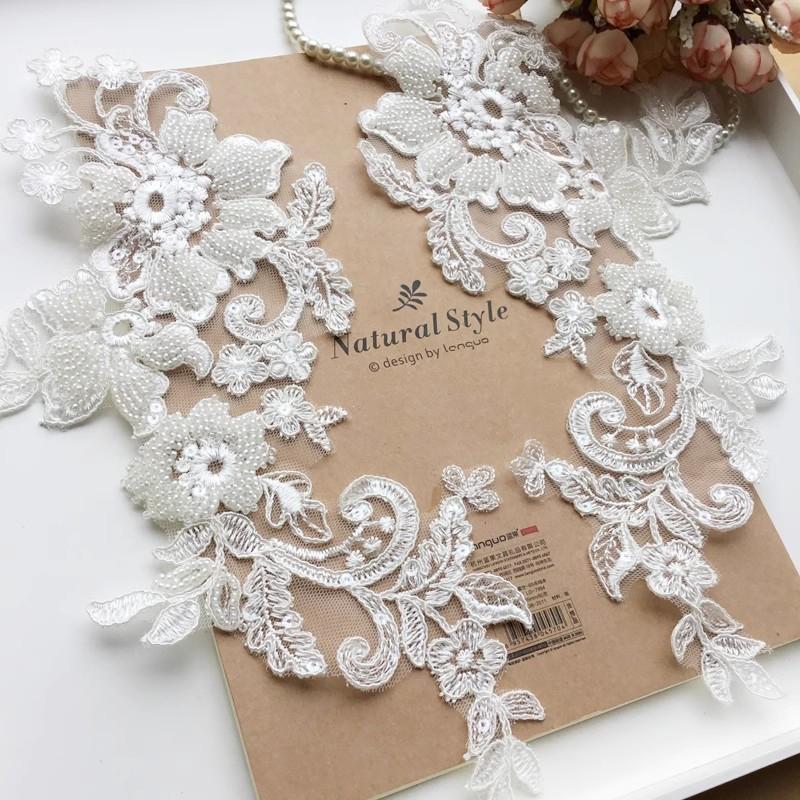 1 Pair White Lace Patches Applique 3D Flowers Wedding Dress DIY Clothing Decoration Accessories