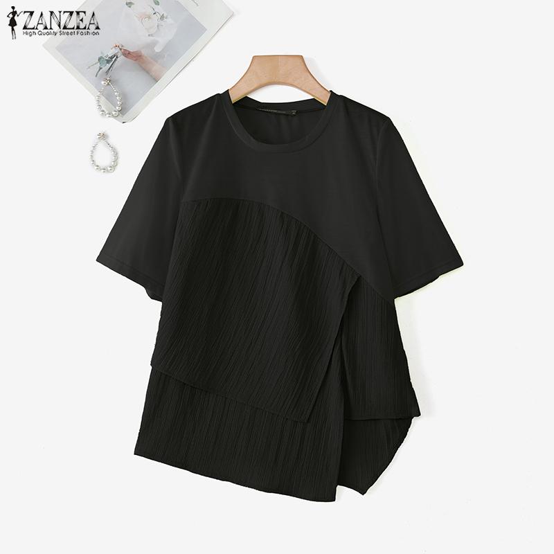 ZANZEA Women Casual Round Neck Short Sleeve Patchwork Irregular Blouse