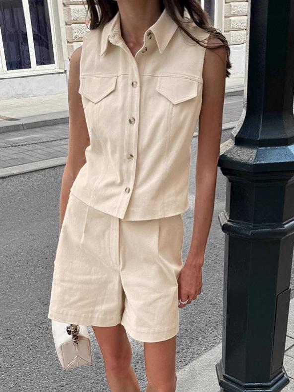 Französisches Sommer Baumwoll-Leinen Damen Tanktop & Shorts Set – High-End, Trendige Mode für 2025