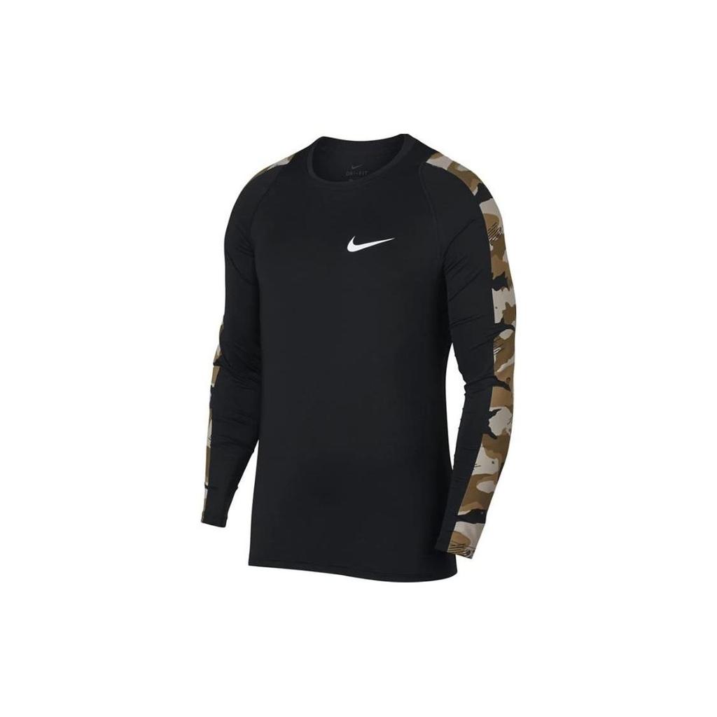 Nike Logo Camouflage Print Crew Neck Long Sleeve T-Shirt Men Tops Black AQ1207-010