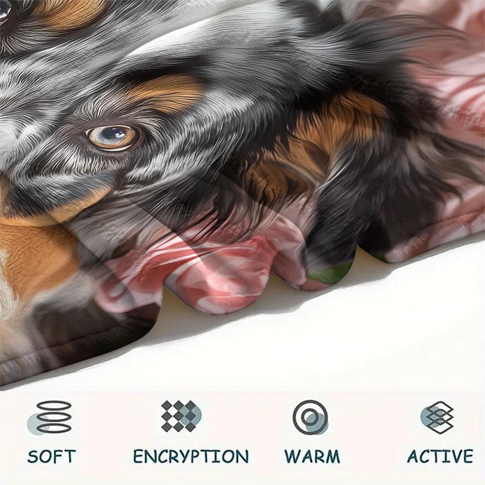 Australian Shepherd and Roses,pattern Flannel Blanket, High quality Comfortable for All Seasons, Home Decor, Warmth and Comfort, Perfect for Gifts.