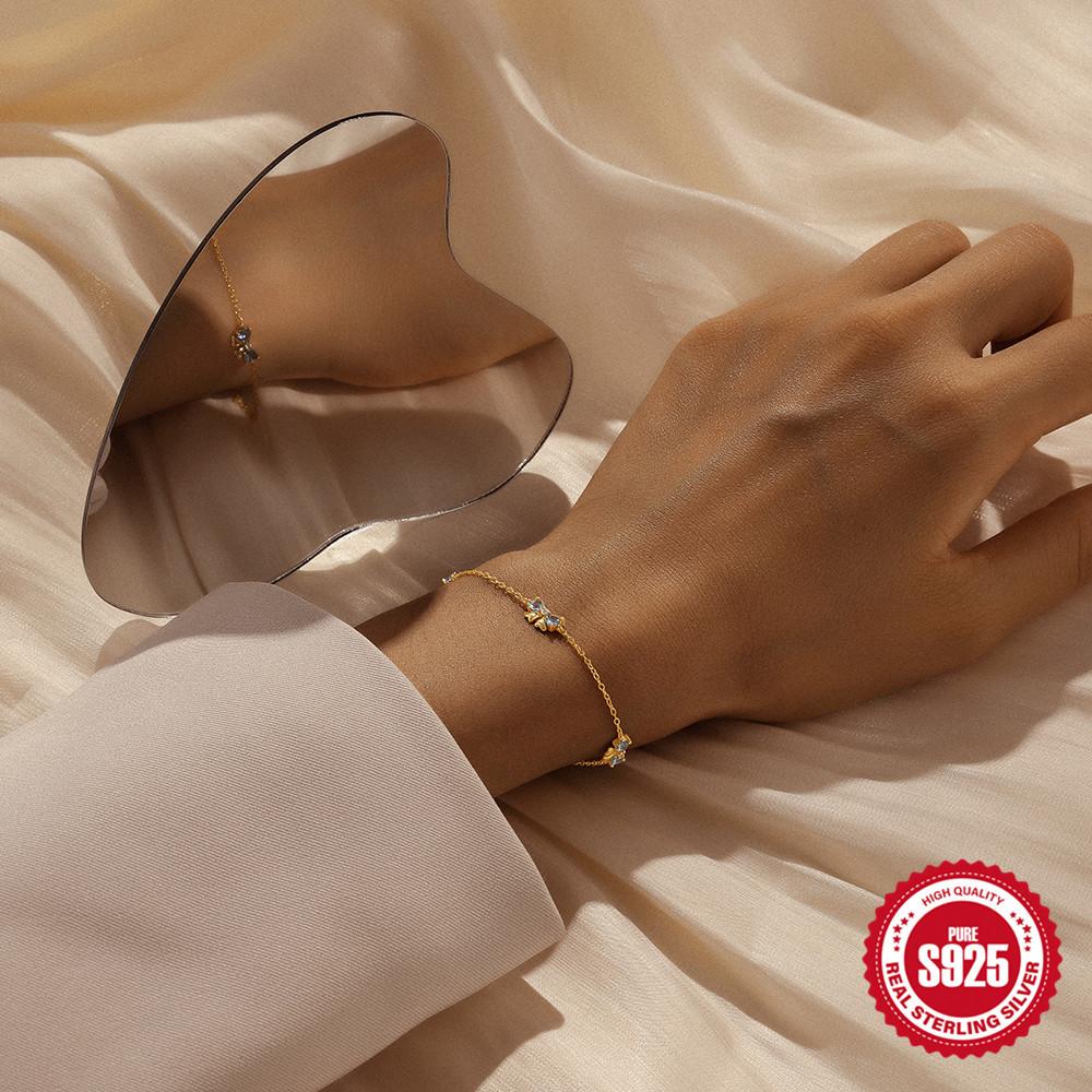 Bow Love Blue Zircon Splicing Bracelet Women'S Fashion Style S925 Sterling Silver