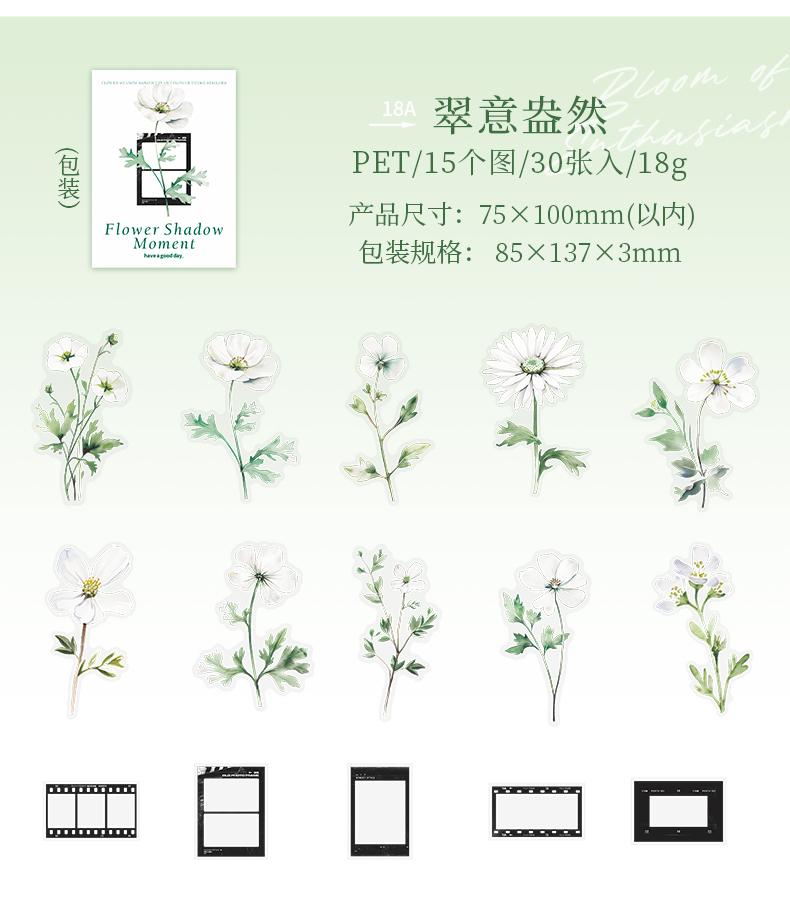 30 Pcs Film and Flowers Plant Stickers Pack Creativity PET Decorative Sticker for DIY Diary Scrapbooking Junk Journal Supplies