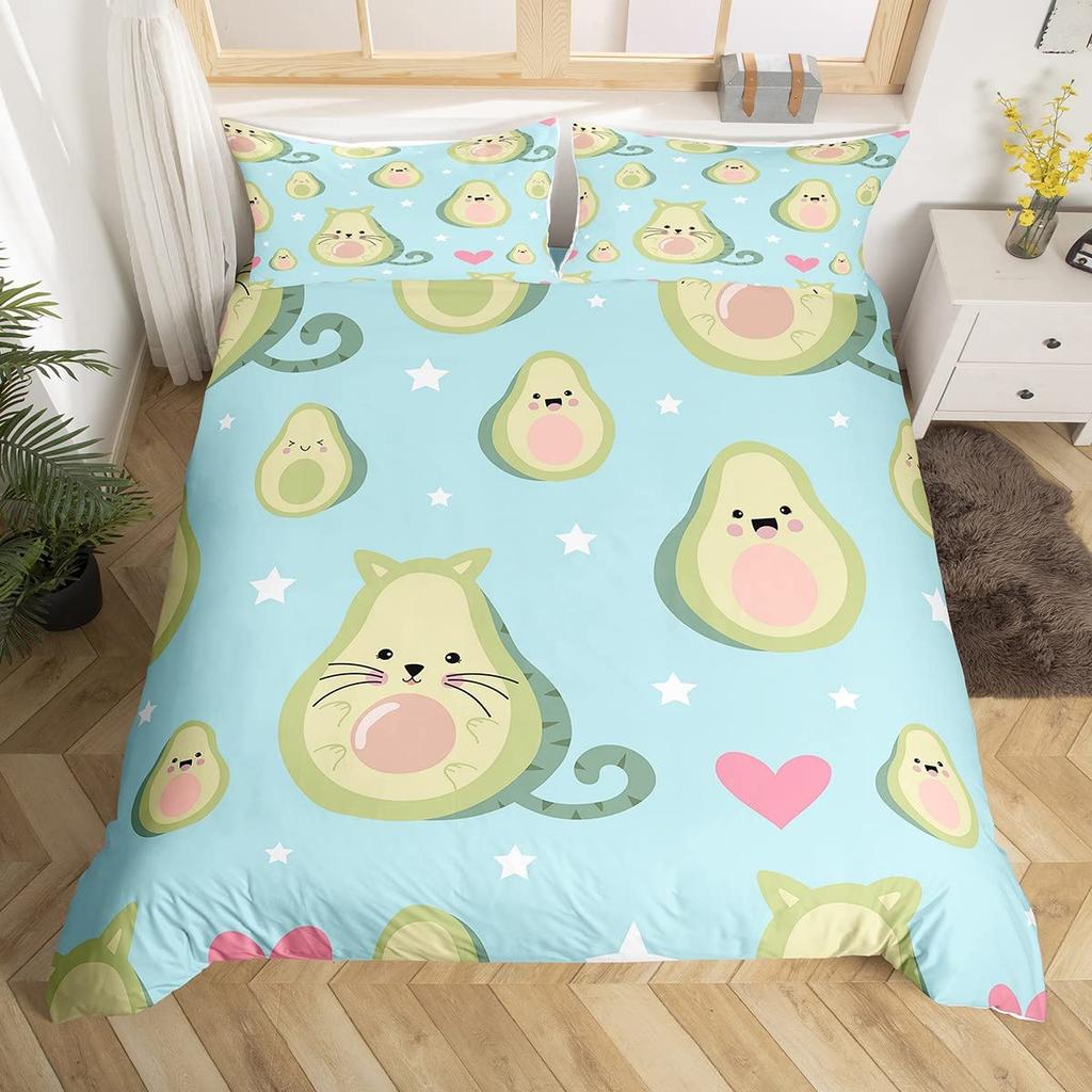 Avocado Bettbezug Queen Jungen Mädchen Niedlich Cartoon Tropische Früchte Gedruckt Bettwäscheset Bettbezug für Teenager Kinder Weich 3-teilig