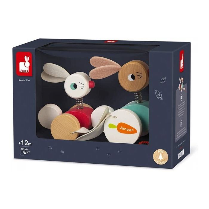 Hračka k tahání - k tlačení JANOD Králíčci na procházku Zigolos ze dřeva pro dítě od 1 roku