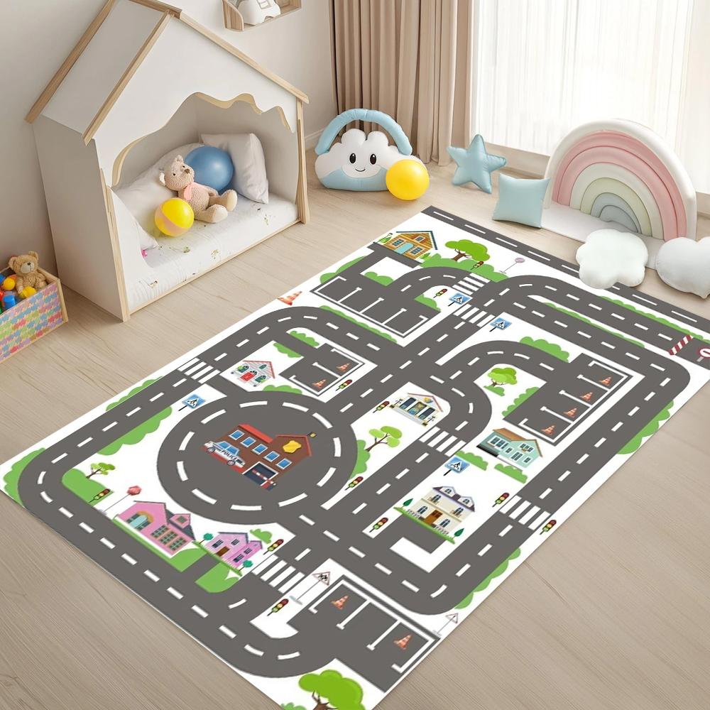 Kids Fun Interactive Traffic Pattern Carpet Race Track City Road Play Mat Easy Clean Rug for Living Room Kids Bedroom