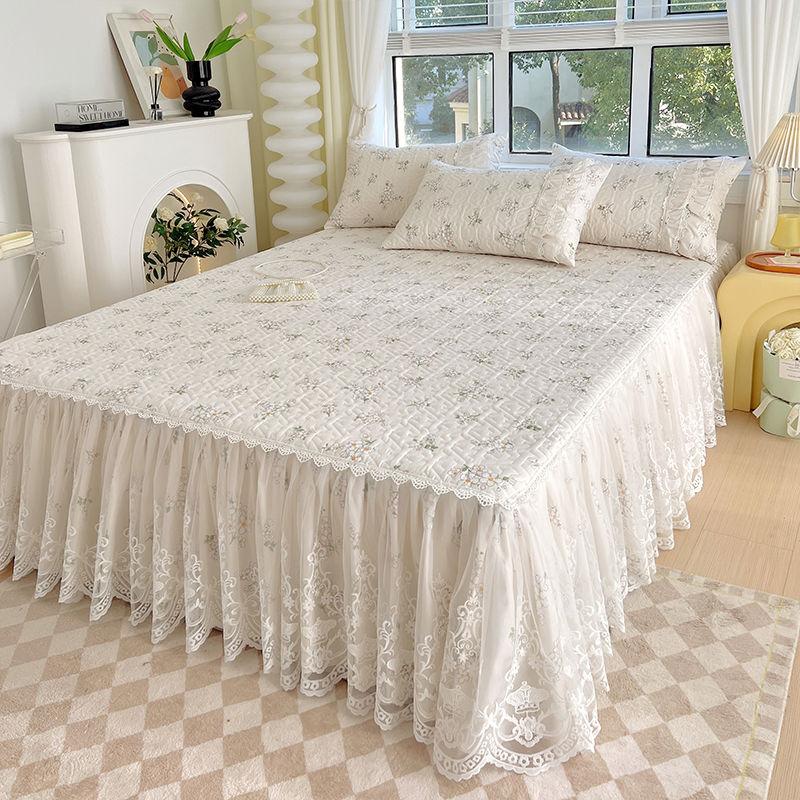 Saia de cama acolchoada estampada pastoral francesa, renda bordada, colcha grossa, roupa de cama à prova de poeira com lençol de algodão antiderrapante