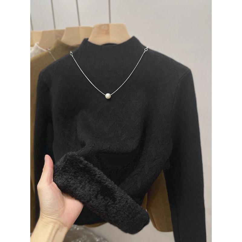 Semi-turtleneck fleece thickened integrated fleece sweater women's autumn and winter new inner bottoming shirt thermal top