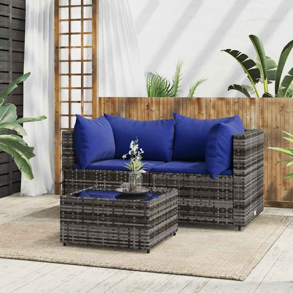 Vidaxl 3-Cz. Garden Lounge Set, Cushions, Grey PE Rattan
