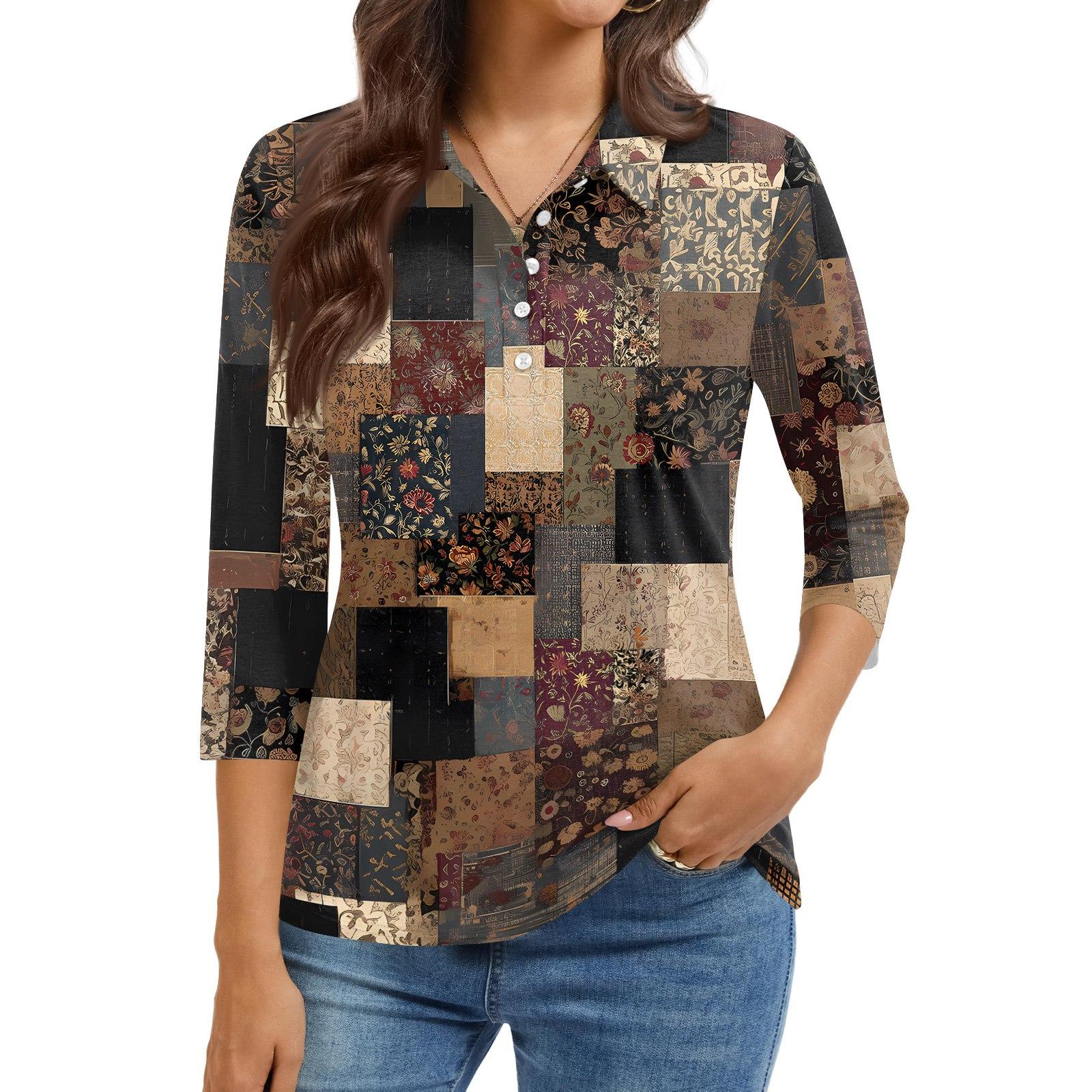 

Жіноча модна повсякденна сорочка з лацканами, коротким рукавом 3/4, принтом, жіночі топи на ґудзиках XXXL