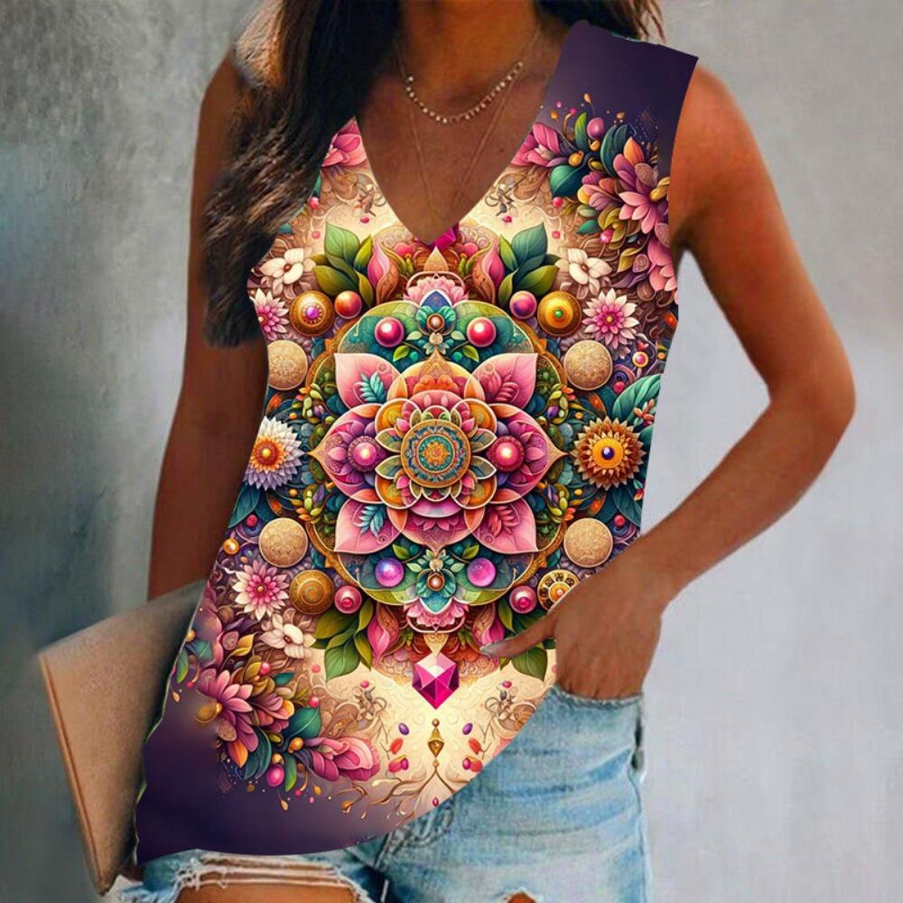 

Летний винтажный узор 3D принт майки женские уличные свободные V-образный вырез жилет без рукавов с открытыми плечами женская майка S