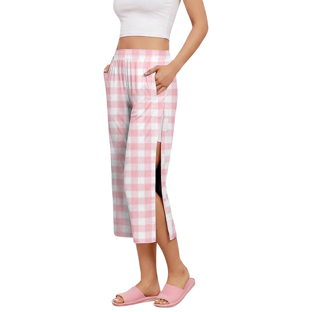 Pantaloni Capri da Donna per il Recupero Post-Chirurgico con Apertura Laterale, Vita Elastica, Leggeri, Comodi, Vestibilità Larga, Fantasia a Quadri