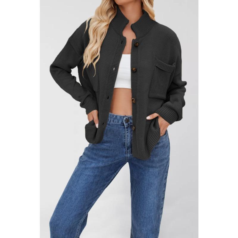 

Hot Sale Knitted Jacket Stand Neck Large Size Sweater Solid Color Cardigan Women s New S чёрный