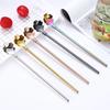 Cherry Blossom Straw Spoon Set with Cleaning Brush Stirring Spoon 304 Stainless Steel Summer Drink Cocktail Party BarAccessories